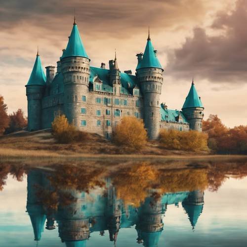An ancient teal castle in the middle of an autumn plain.