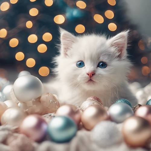 Anak kucing putih menggemaskan bermain dengan pernak-pernik Natal berwarna pastel.