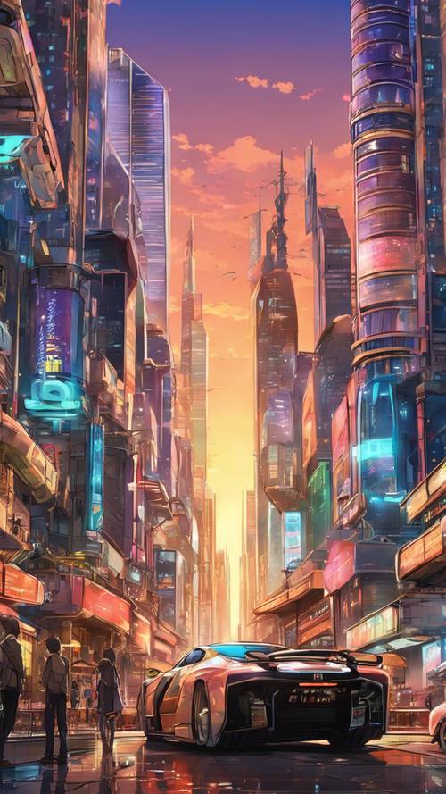 Un vivace paesaggio urbano in stile anime al tramonto, pieno di veicoli futuristici e alti grattacieli.