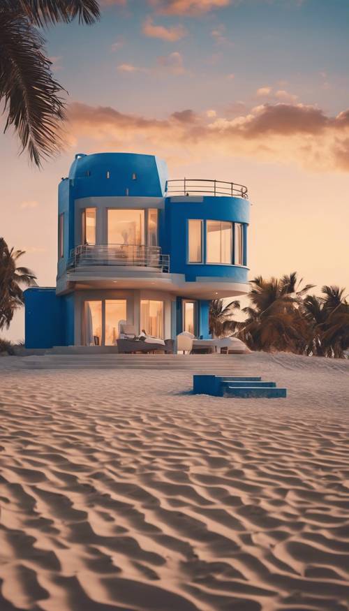 Una villa azul en la arena de la playa durante la puesta de sol, con sus interiores beige brillando suavemente.