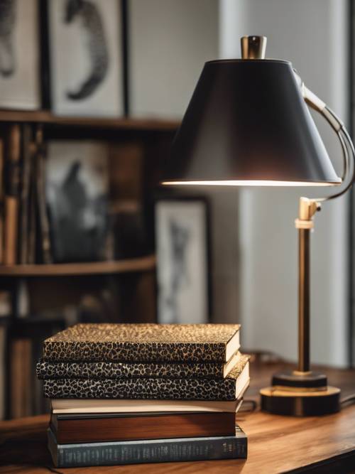 검은색 치타 무늬 표지가 있는 양장본 책 더미가 클래식 램프 아래 나무 책상 위에 놓여 있습니다.