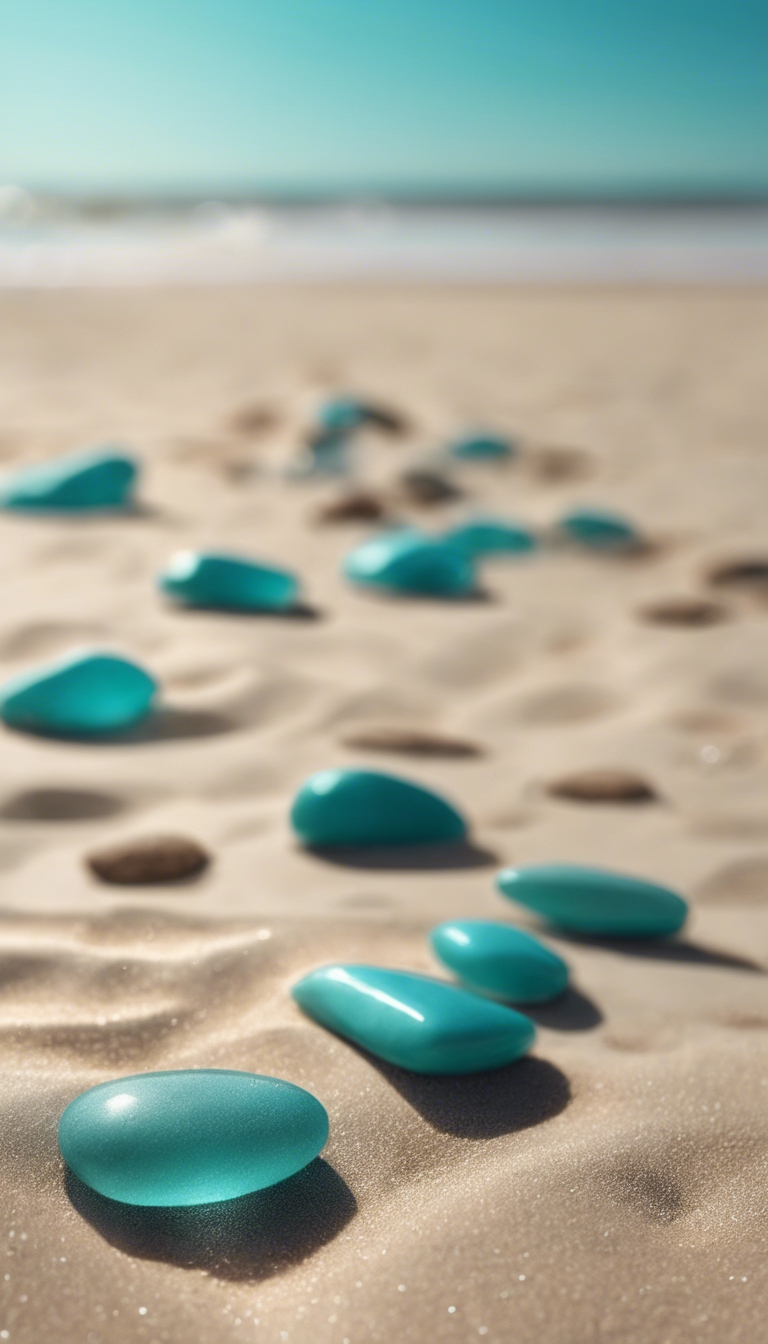 A tranquil morning with sunrays reflecting on turquoise stones scattered on a sandy beach. Divar kağızı[19ceccdc1d81424f867b]