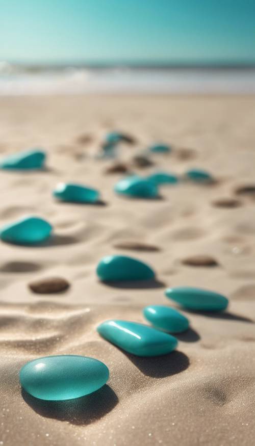 A tranquil morning with sunrays reflecting on turquoise stones scattered on a sandy beach.