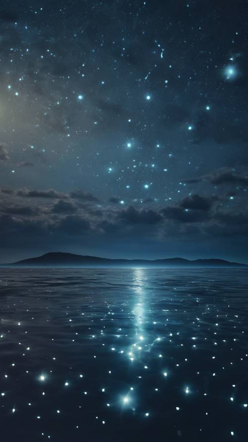 The Pisces zodiac constellation formed by a formation of bioluminescent planktons glowing under the moonlit ocean.