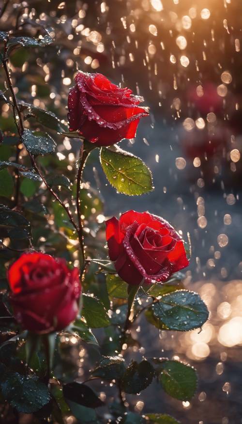 Un primer plano de rosas rojas mojadas que brillan a la luz de la mañana.