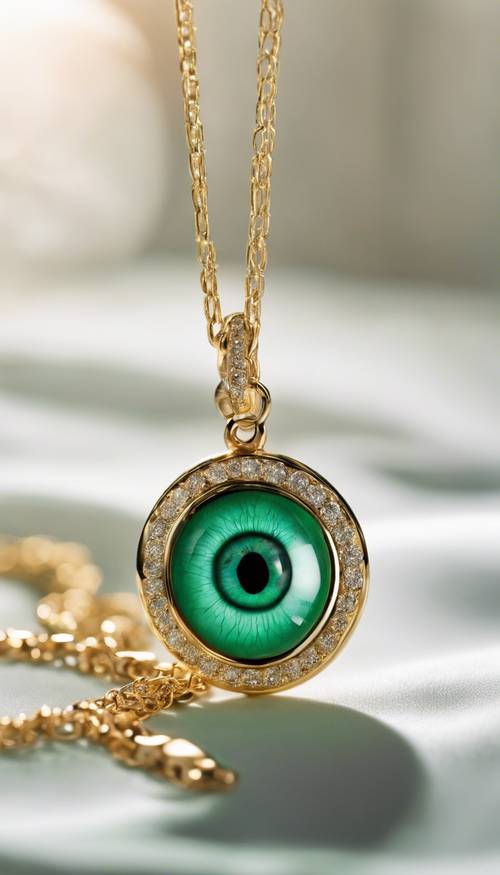 A bright emerald evil eye charm dangling from a delicate gold chain against a white silk background.