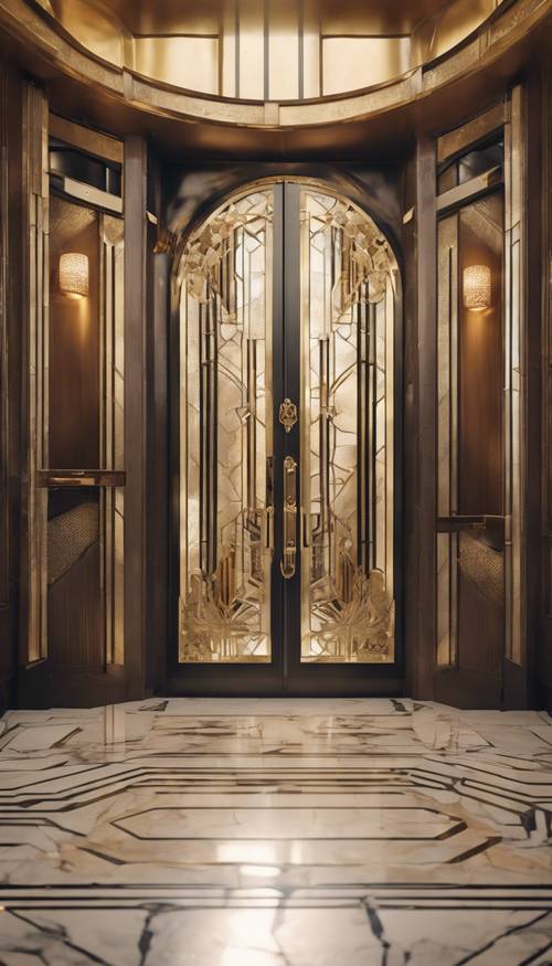 An Art Deco entrance with brass ornate door, geometric patterned marble flooring, and leaded glass windows. Behang [d1ede37790ce49b2a268]