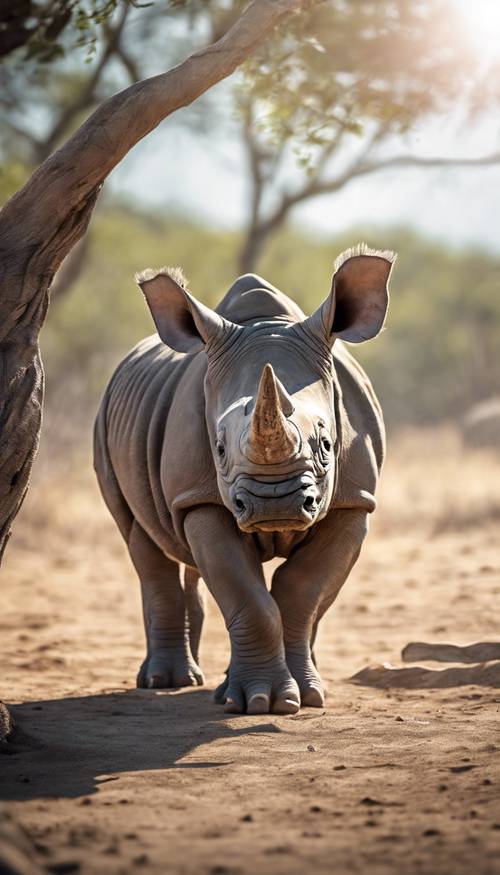 Nowo narodzone cielę nosorożca radośnie bawi się w pobliżu matki w południowym słońcu.