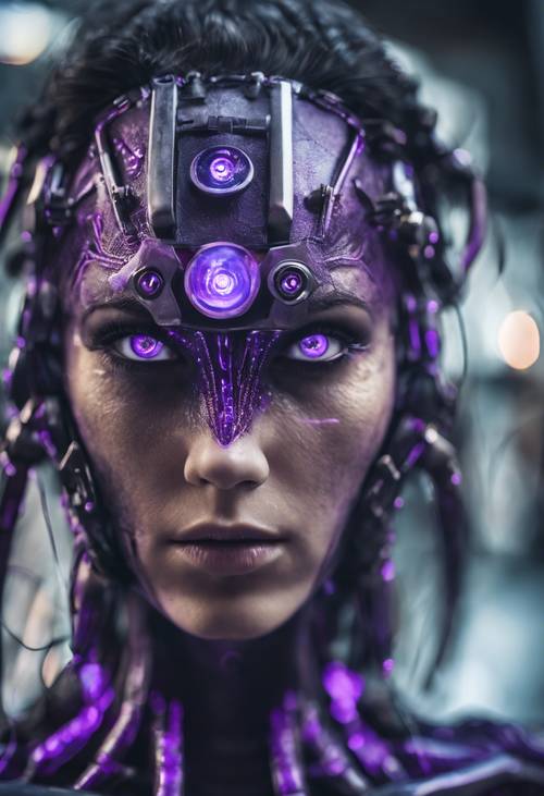 Una scena distopica che mostra umani cibernetici con impianti oculari viola.