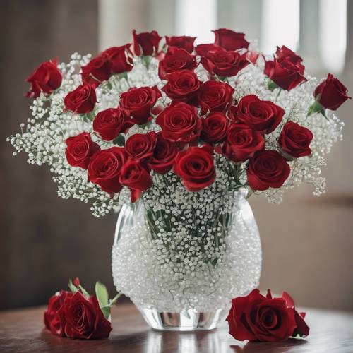 Buket mawar merah yang dijalin dengan baby breath putih di dalam vas kristal.