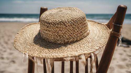 A woven palm leaf sun hat left on a chair at the beach.