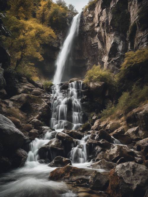 Una cascata nascosta che scende da una parete rocciosa di montagna.