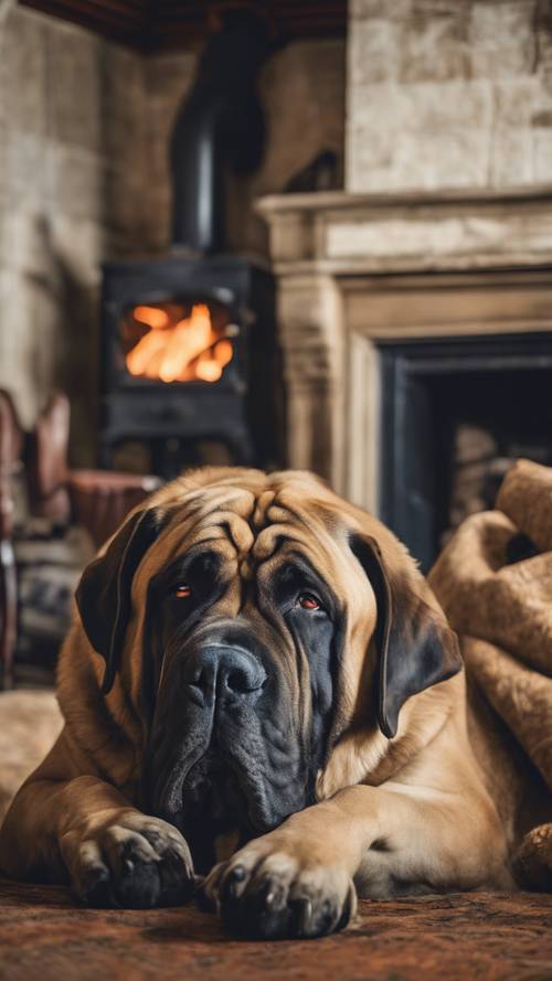 An English Mastiff taking a nap in front of a blazing fire, in a traditional English countryside manor.