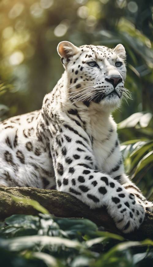 A white leopard lounging lazily in a sunny jungle clearing. Wallpaper [d728cf81f779494ab729]