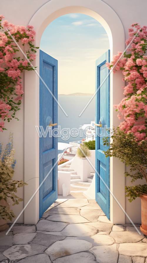 Niebieskie drzwi otwarte na tło z widokiem na ocean