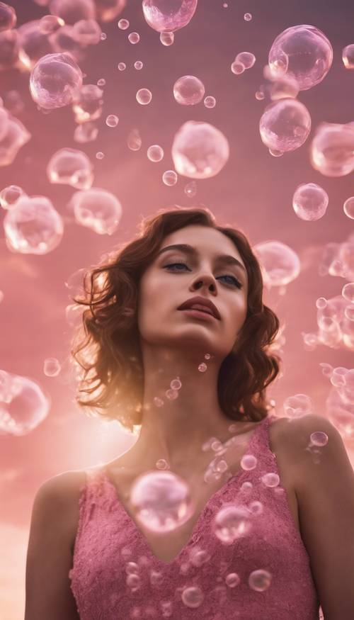 A girl in a pink dress surrounded by a swarm of floating soap bubbles reflecting a pink sunset.