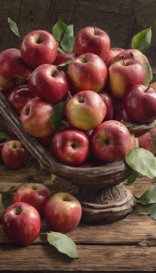 Uma natureza morta pintada a óleo da era vitoriana de maçãs vermelhas maduras sobre uma mesa de madeira.