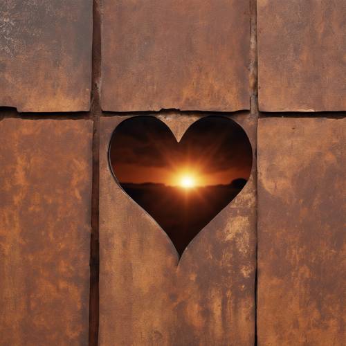 Una sagoma di cuore su una parete di metallo marrone e arrugginito, con il sole basso nel cielo.