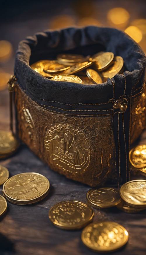 Centelleantes monedas de oro caen en cascada desde una bolsa mágica en un entorno de cuento de hadas.