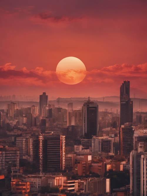 Widok na panoramę miasta skąpanego w czerwonych i pomarańczowych odcieniach zachodzącego słońca.
