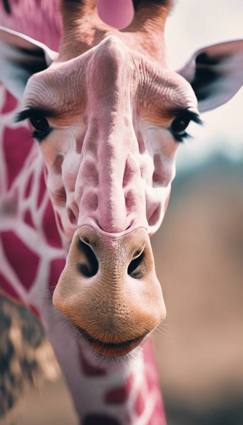 Close-up of a pink giraffe's eyes showing a soft, gentle gaze. Ფონი [6e85dff6d3c04c98b14e]