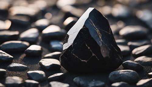 Une pierre noire déchiquetée avec une fine ligne de quartz qui traverse son milieu.