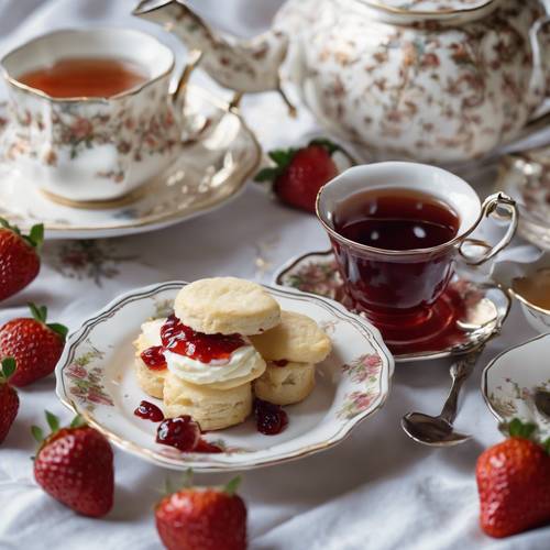 传统的英式茶具，包括烤饼、凝固奶油和草莓酱。