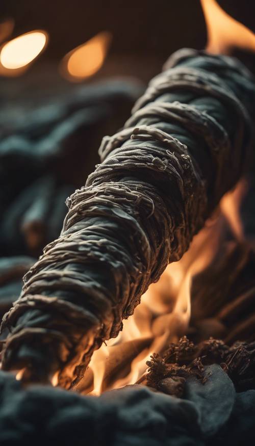 A detailed close-up of a burning sage bundle with a soft glowing light in a serene, dark environment.