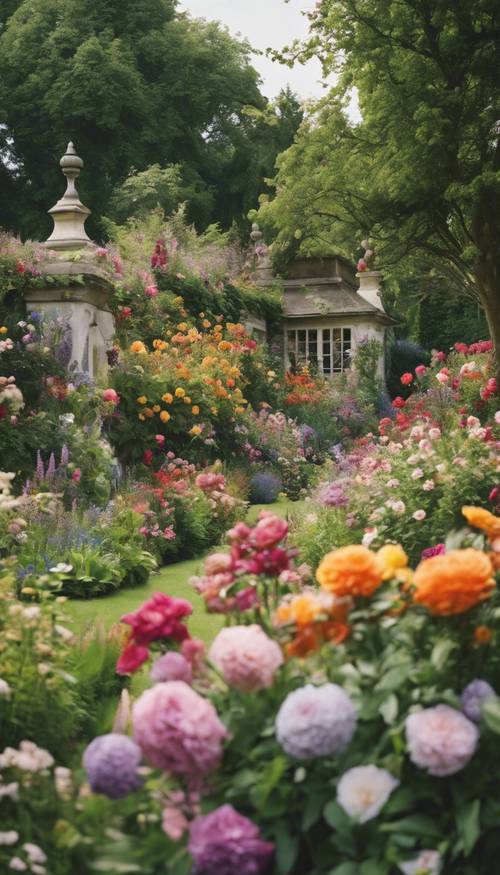A lush English garden overflowing with an array of colorful traditional flowers in full bloom.