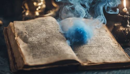 Blue smoke mysteriously seeping out of an unopened ancient book.