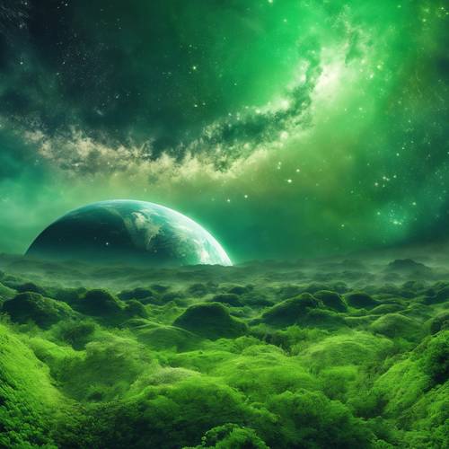 Pemandangan panorama planet hijau dengan langit bergaris nebula.
