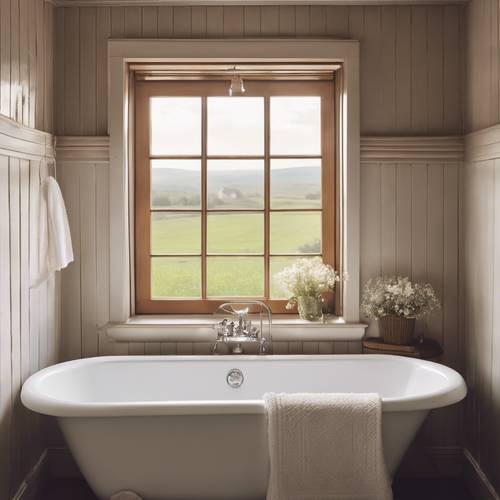 A tranquil, cottagecore bathroom with a vintage tub, fluffy towels, and a window overlooking the countryside. Tapet [71e58219023340e7bc4b]