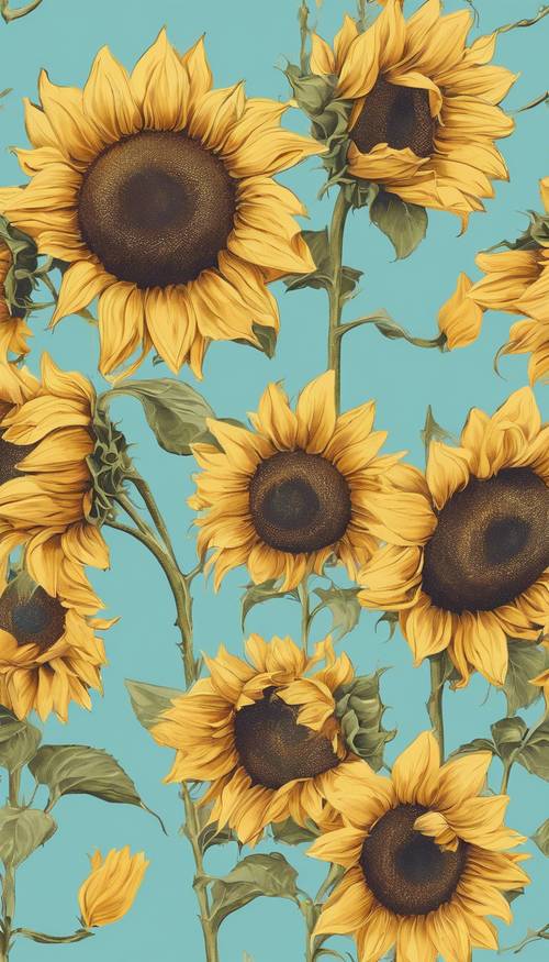Cheerful sunflowers on a pastel blue background. Tapet [f0331b8540104a94a767]