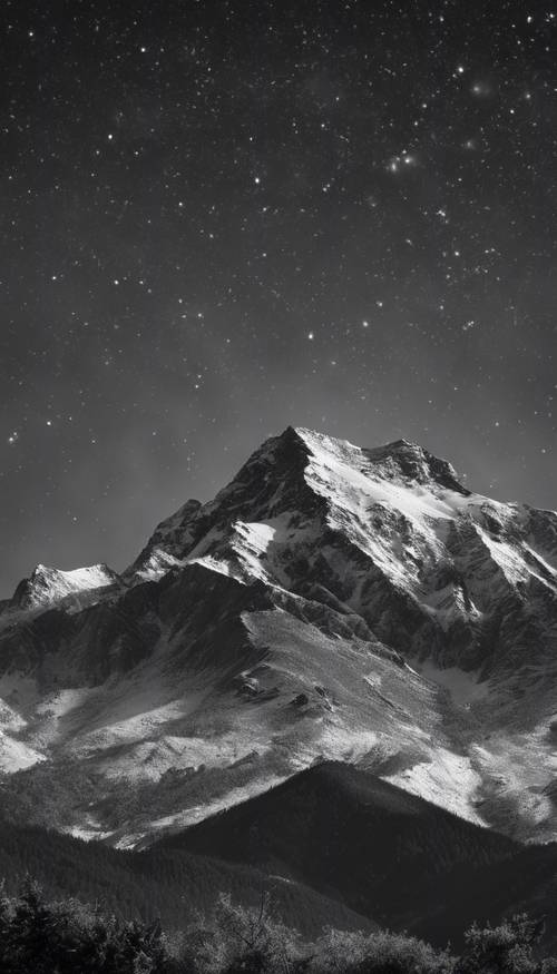 A majestic black and white photograph of a mountain range under a star-filled sky.