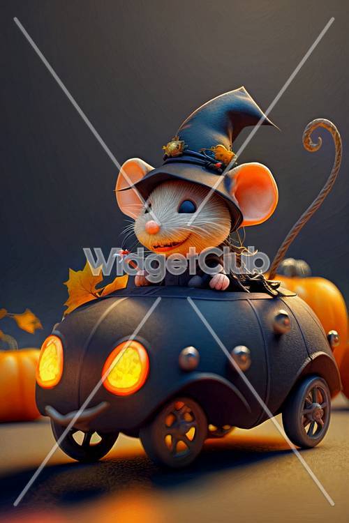 Cute Witch Mouse and Pumpkin Car