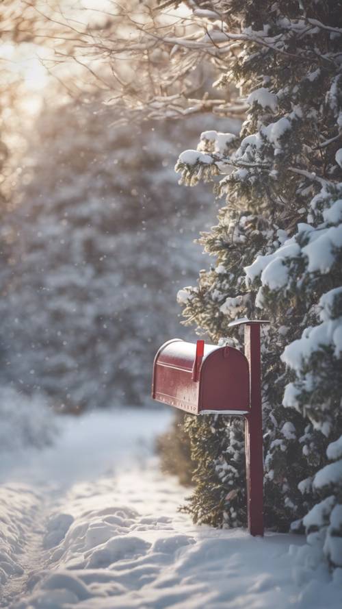 Uma caixa de correio solitária abandonada no final de uma longa entrada de automóveis coberta de neve.