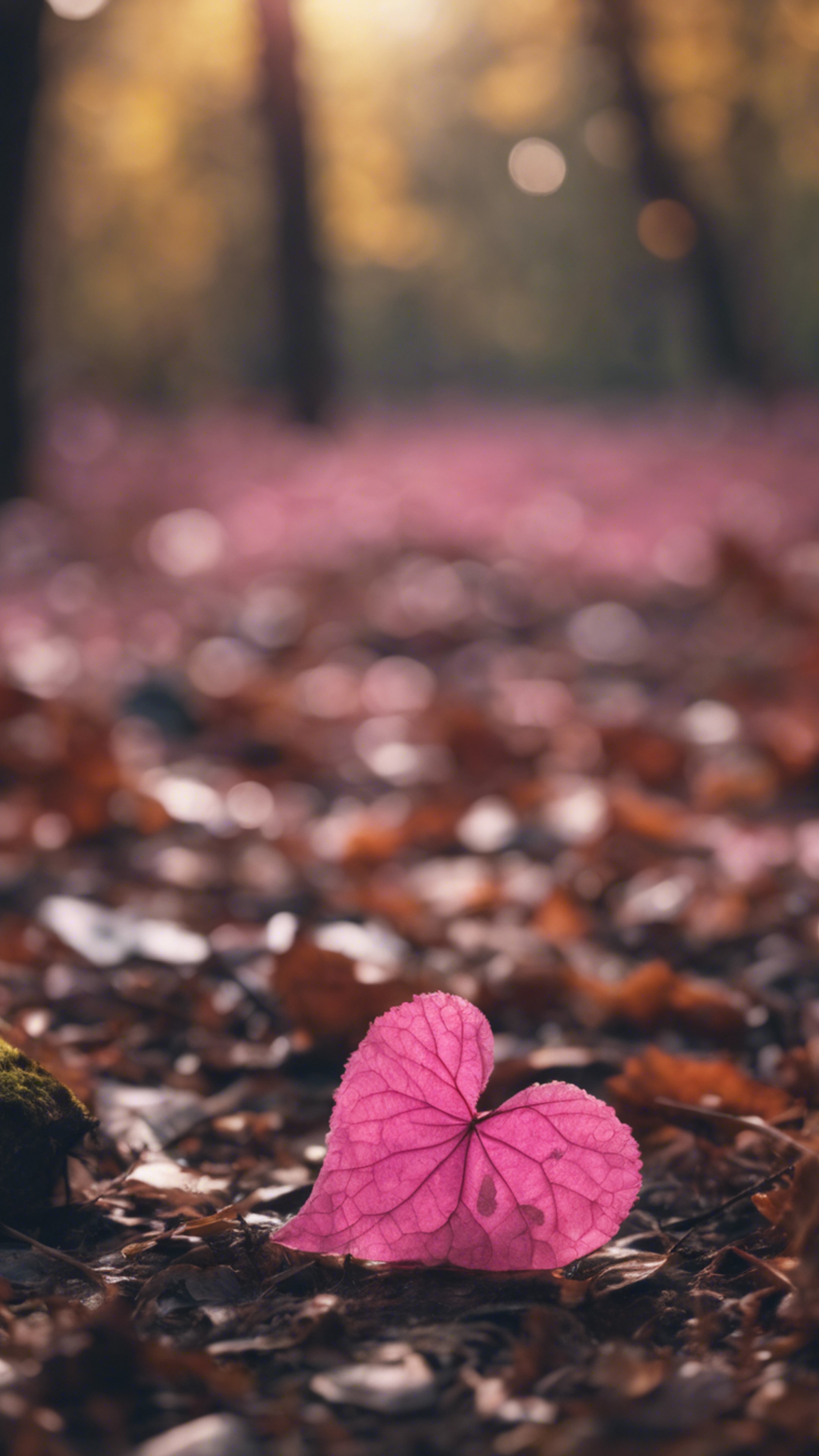 A lonely pink heart-shaped leaf fallen on the forest floor.壁紙[094e2266ff00495d8fee]