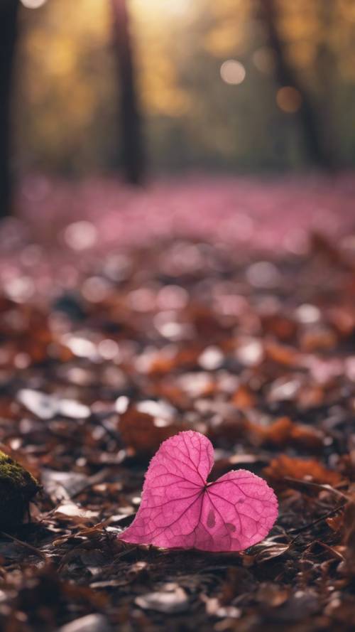 Một chiếc lá hình trái tim màu hồng cô đơn rơi xuống nền rừng.
