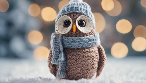 A winter landscape with a cool owl wearing a knitted hat and scarf