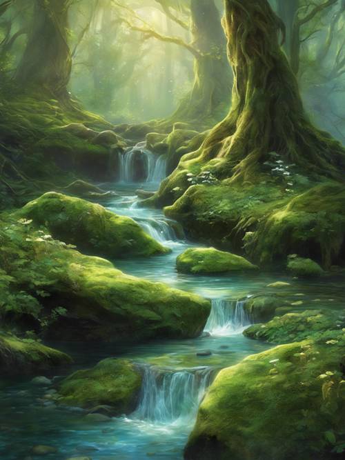 一条清澈的小溪在宁静而神奇的森林中潺潺流过长满青苔的石头。