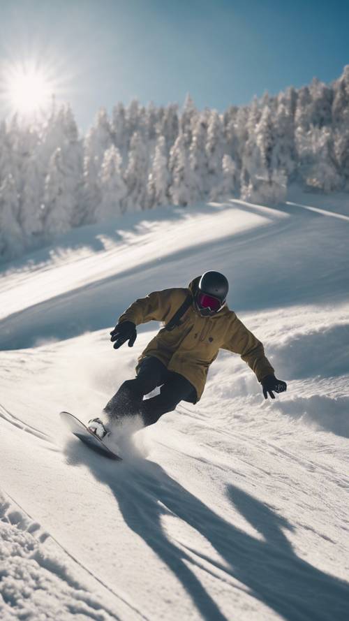 Snowboarder meluncur dengan percaya diri menuruni lereng yang diterangi matahari, menghasilkan bayangan yang panjang dan sejuk.