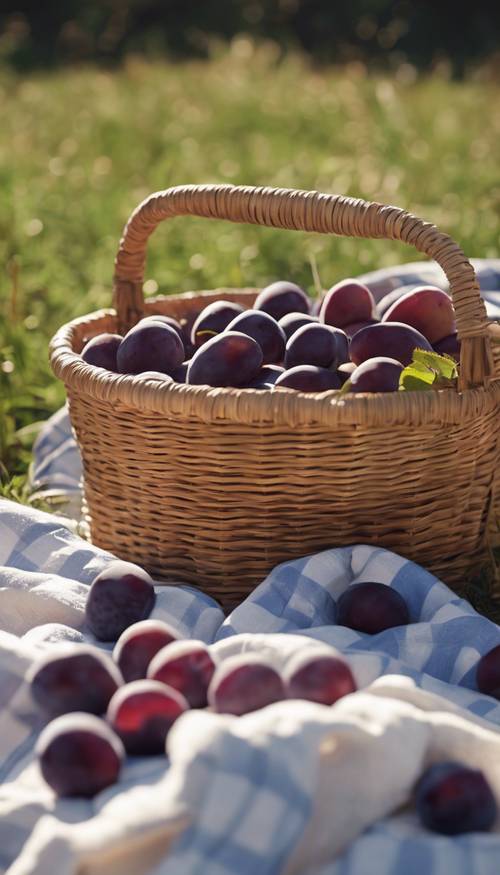 A basket full of ripe plums next to a checked picnic blanket in a sunlit field.