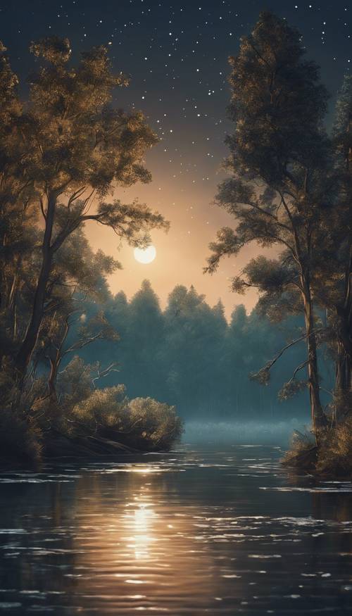 A cozy evening with a cool paint on a canvas depicting a tranquil river flowing through a dense forest under a cloudless starry sky.