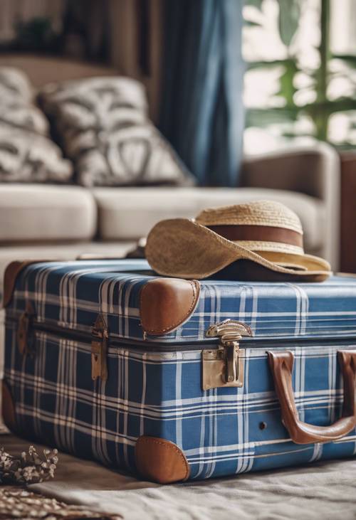 빈티지 스타일의 파란색과 흰색 격자 무늬 여행가방은 여름 휴가를 위해 잘 포장되어 준비되어 있습니다.