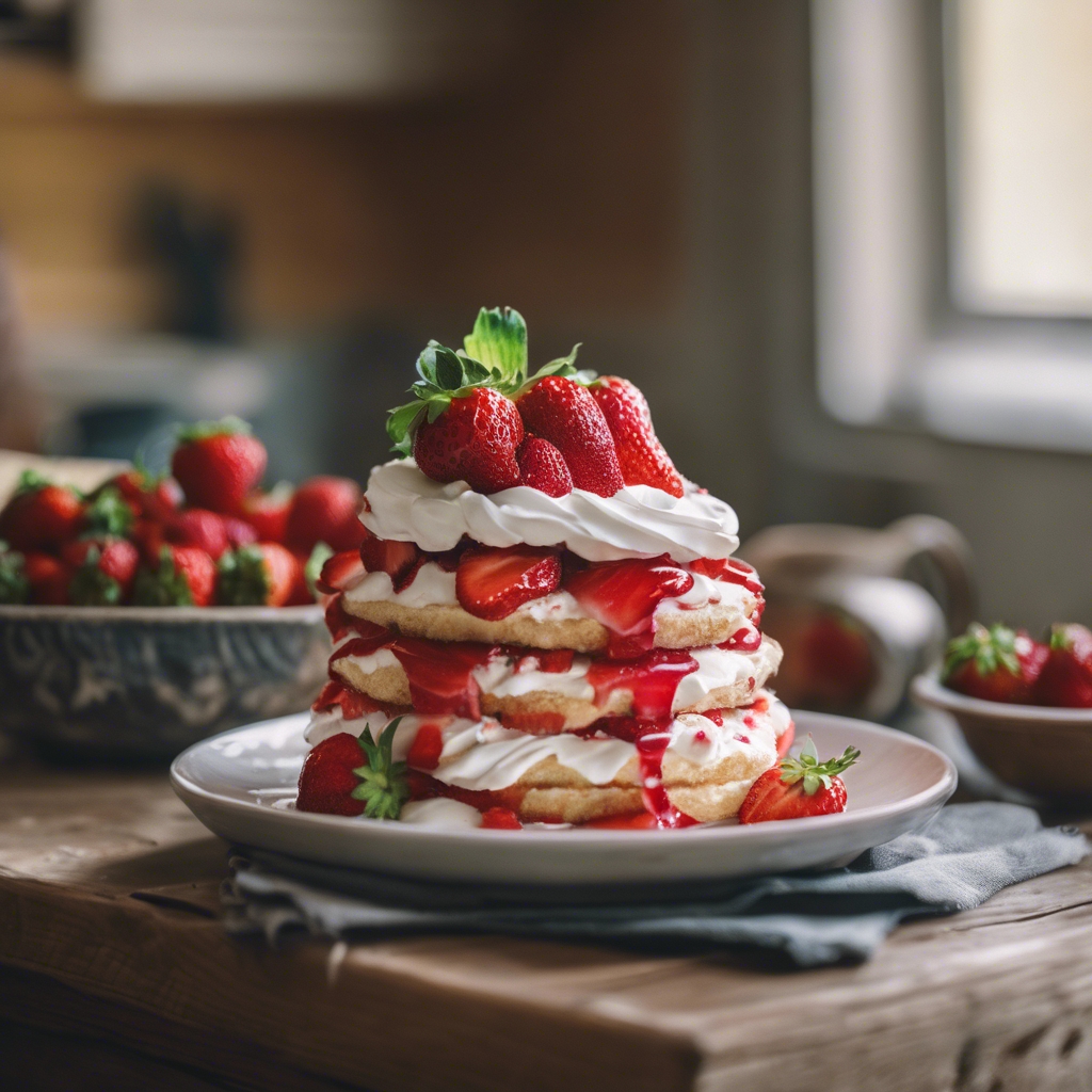 A quaint strawberry shortcake spotted at a countryside farmhouse kitchen. Tapeta[80f54403c06f4e75a04a]