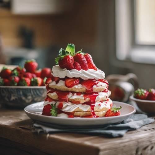 在乡村农舍厨房里发现的别致的草莓奶油蛋糕。