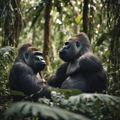 Dois gorilas melhores amigos compartilhando uma gargalhada no coração da densa selva.