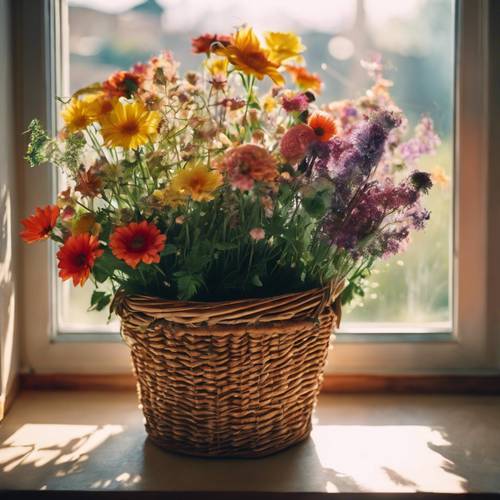 厨房窗户旁边放置着一篮五颜六色的花，捕捉着早晨的阳光。