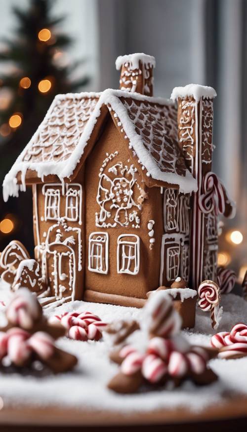 An intricately decorated gingerbread house with candy canes and chocolate shingles surrounded by a dusting of powdered sugar snow.
