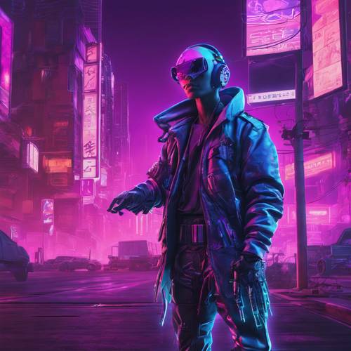 An augmented human with blue cybernetic arm standing under the purple glow of a city sign in a cyberpunk scene.